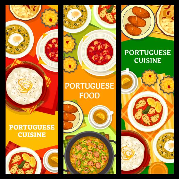 Portuguese cuisine banners, Portugal food dishes Portuguese food, Portugal cuisine dishes and restaurant menu vector banners. Portuguese cuisine dinner and lunch meals, bacalhau fish, rice pudding and bread soup, seafood and cod in cream sauce doce stock illustrations