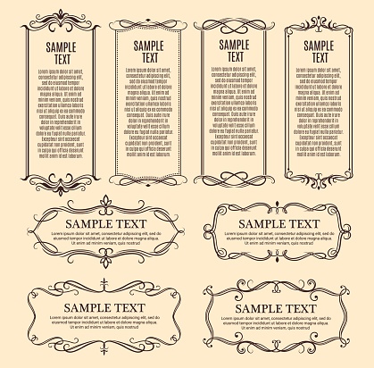 Frames, ornate borders with vintage ornaments and floral decorations, vector. Retro flourish swirls, ornate borders and corners for certificate or menu text, scroll frames and calligraphic dividers