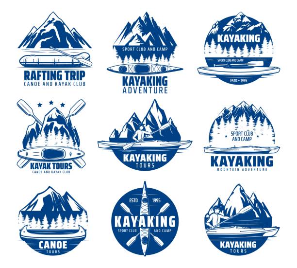 ilustrações de stock, clip art, desenhos animados e ícones de kayaking, rafting and canoeing sport vector icons - silhouette kayaking kayak action