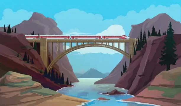 Vector illustration of Railroad bridge with train over mountain river