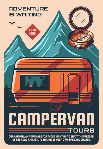 Campervan travel tours vintage poster. Outdoor recreation and tourism, trip on recreational vehicle retro vector banner. Towable RV or small camper trailer, mountain peaks and forest, old compass