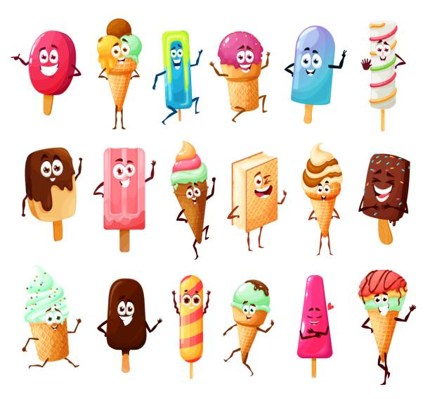 симпатичные персонажи мультфильма мороженого, летний десерт - cold sandwich illustrations stock illustrations