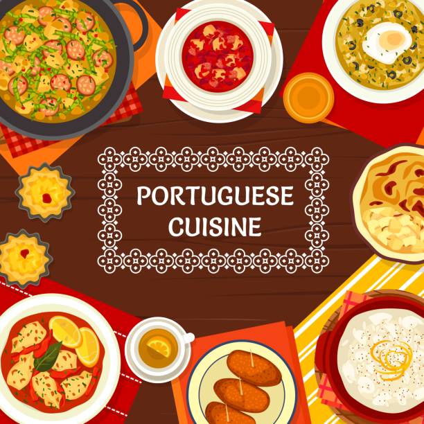 Portuguese cuisine food, Portugal restaurant menu Portuguese food menu cover, Portugal cuisine restaurant dishes and meals, vector poster. Portuguese cuisine traditional lunch and dinner with cod bacalhau, bread and kale soup with rice pudding pastry doce stock illustrations