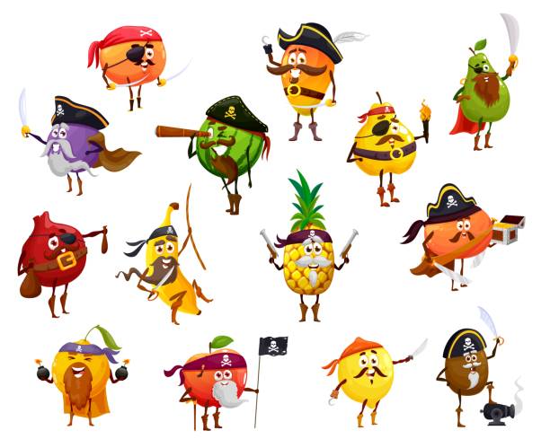 illustrazioni stock, clip art, cartoni animati e icone di tendenza di personaggi pirata della frutta, corsaro e bucanieri - buccaneer