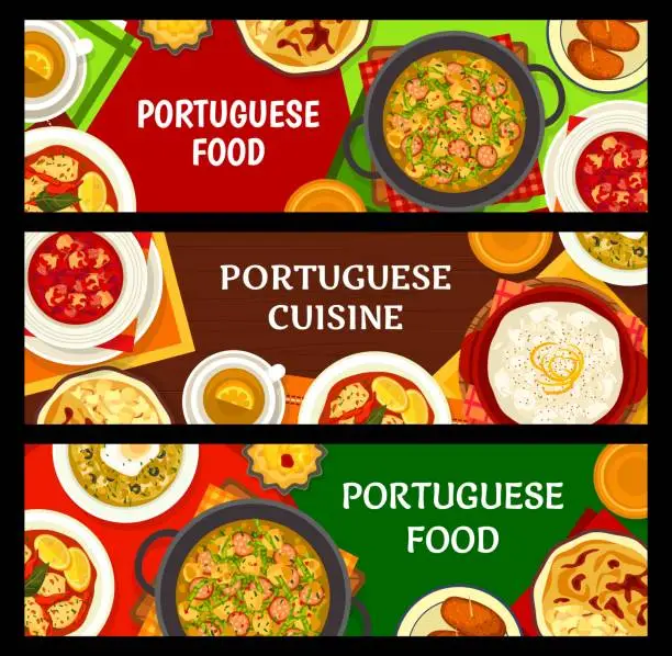 Vector illustration of Portuguese food banners, Portugal cuisine menu