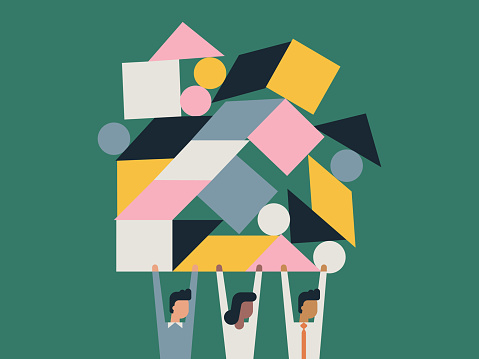 Illustration of business team lifting balanced shape blocks
