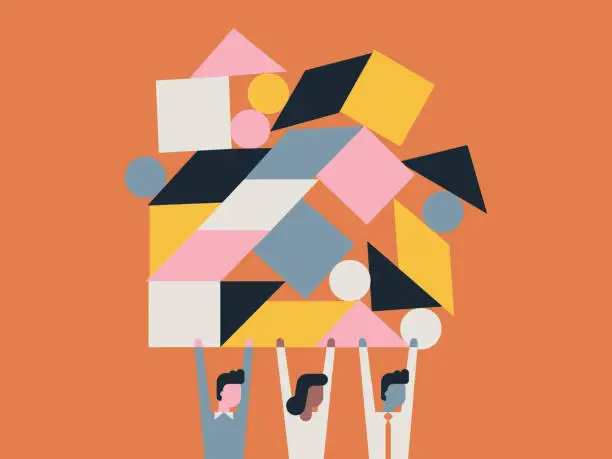 Vector illustration of Illustration of business team lifting balanced shape blocks