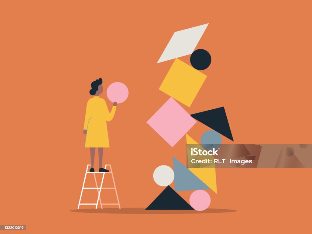 Illustration of person building with balanced shape blocks - Royalty-free Bloco de Construção arte vetorial