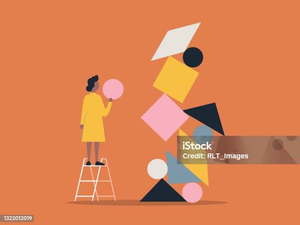 Illustration Of Person Building With Balanced Shape Blocks Stock Illustration - Download Image Now