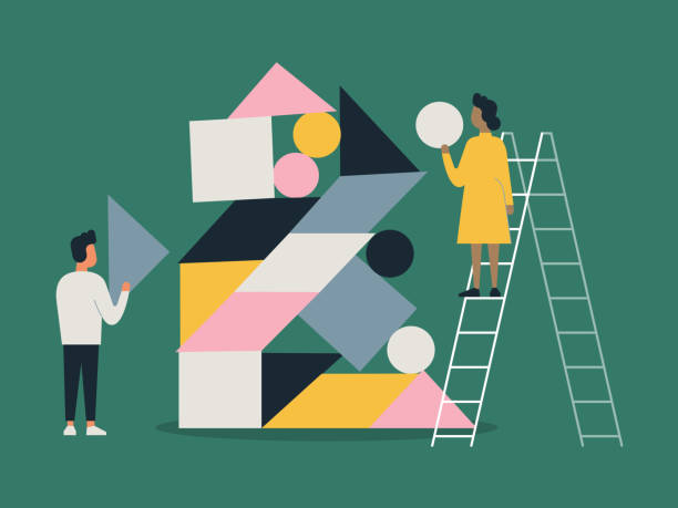 Illustration of people building with balanced shape blocks Illustration of people building with balanced shape blocks balance stock illustrations