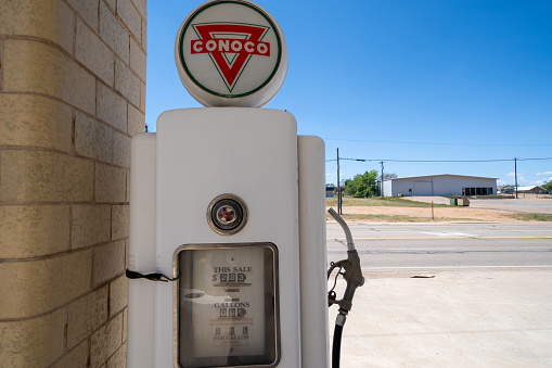 Shamrock, Texas - May 6, 2021: Close of of a vintage Conoco gas pump at the historic Conoco Tower Station along old Route 66