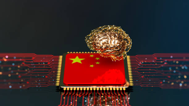 Artificial Intelligence concept brain and CPU with Chinese flag Digital background depicting innovative technologies in (AI) artificial systems, neural interfaces and internet machine learning technologies china digital flag stock pictures, royalty-free photos & images