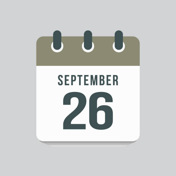 Icon day date 26 September, template calendar page Icon page calendar day - 26 September. Date day week Sunday, Monday, Tuesday, Wednesday, Thursday, Friday, Saturday. 26th days of the month, vector illustration flat style. Autumn holidays in September number 26 stock illustrations