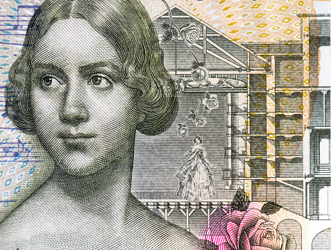 The banknote of femtio kronor shows Jenny Lind, Swedish opera Singer.