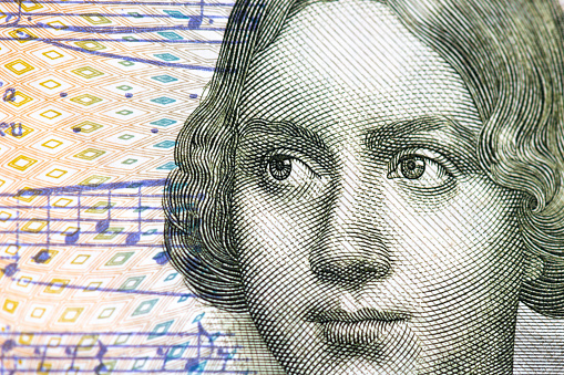 Femtio Swedish kronor macrophotography, Jenny Lind portrait on Swedish banknote.