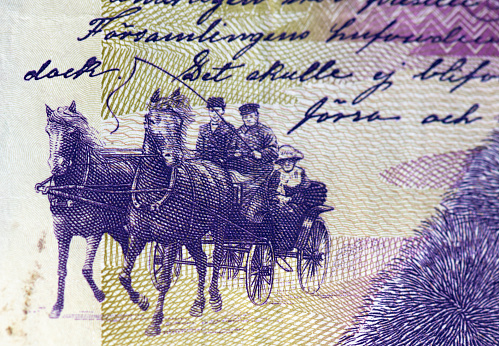 Super macrophotography of 20 Swedish Krona banknote, carriage, horses.