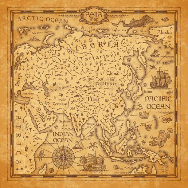 Vintage map of Asia, vector ancient parchment Vintage map of Asia, vector ancient parchment with asian continent with mountain ranges, rivers and lakes names, ocean wind rose, mythological sea beasts, ship, medieval territory on aged old paper midsection stock illustrations