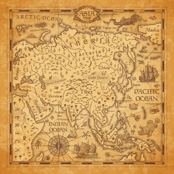 Vintage map of Asia, vector ancient parchment Vintage map of Asia, vector ancient parchment with asian continent with mountain ranges, rivers and lakes names, ocean wind rose, mythological sea beasts, ship, medieval territory on aged old paper old indian stock illustrations