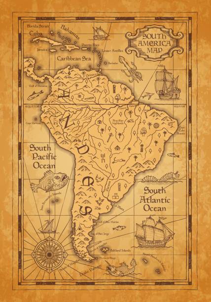 antyczna mapa ameryki południowej na starym pergaminie - barque stock illustrations