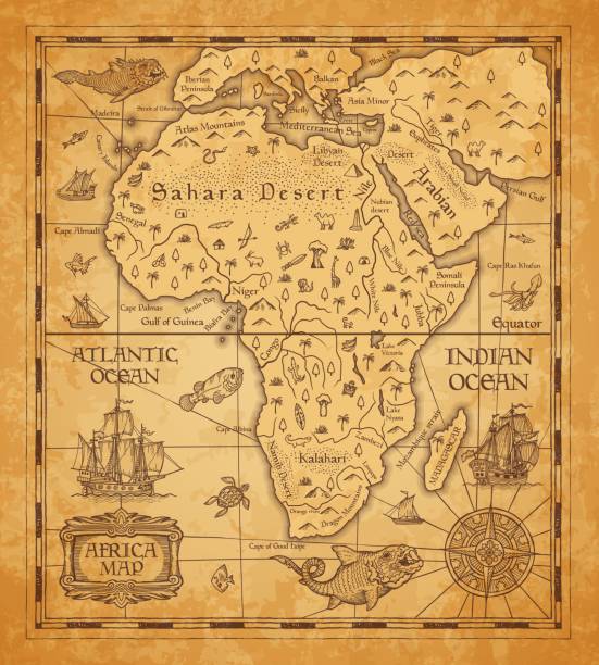 Antique map of Africa on old parchment Antique map of Africa on old parchment. Vector African continent with islands, sea and oceans, mountains, deserts and rivers, vintage sail ship, boat, nautical compass rose and ancient monster fish prehistoric turtle stock illustrations