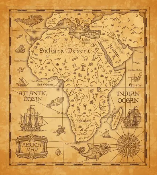 Vector illustration of Antique map of Africa on old parchment