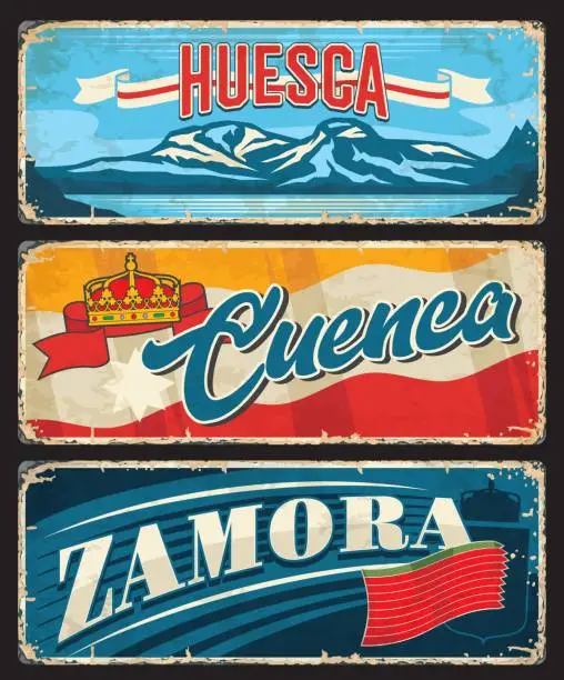 Vector illustration of Huesca, Cuenca, Zamora, province of Spain plates