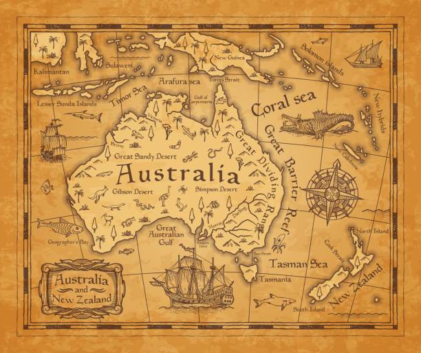 antike karte von australien und neuseeland inseln - bark stock-grafiken, -clipart, -cartoons und -symbole