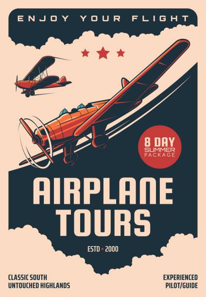 Airplane tours, plane flights with pilot guide Airplane tours, air plane pilots guide flights vector retro poster. Vintage airplane and propeller planes tourism and aviation travel adventure service, aviator experience training charter stock illustrations