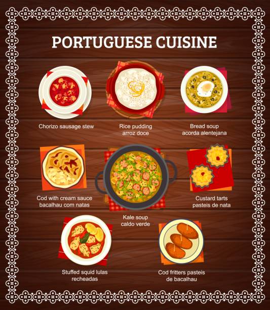 Portuguese food menu cover, Portugal cuisine meals Portuguese cuisine menu food dishes, Portugal restaurant dinner and lunch meals, vector poster. Portuguese food cod fish bacalhau in cream sauce, bread soup, rice pudding and traditional sausage stew doce stock illustrations