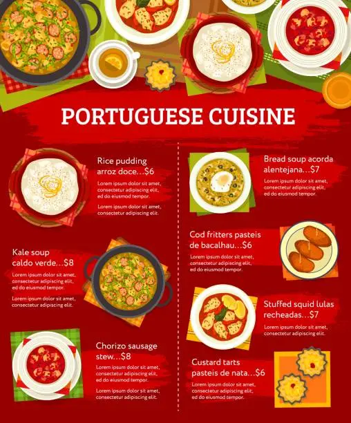 Vector illustration of Portuguese cuisine menu, restaurant lunch food