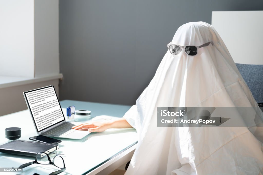 Ghostwriter Writing On Office Computer. Ghost Writer Ghostwriter Writing On Office Computer. Ghost Writer Using Laptop 30-34 Years Stock Photo