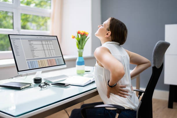 Back Pain And Bad Posture Stress Back Pain And Bad Posture Stress At Office Computer office back pain stock pictures, royalty-free photos & images