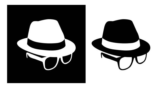 illustrazioni stock, clip art, cartoni animati e icone di tendenza di cappello e occhiali in incognito in bianco nero - detective accessory