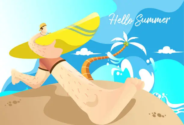 Vector illustration of lllustration of hello summer with people want to surf