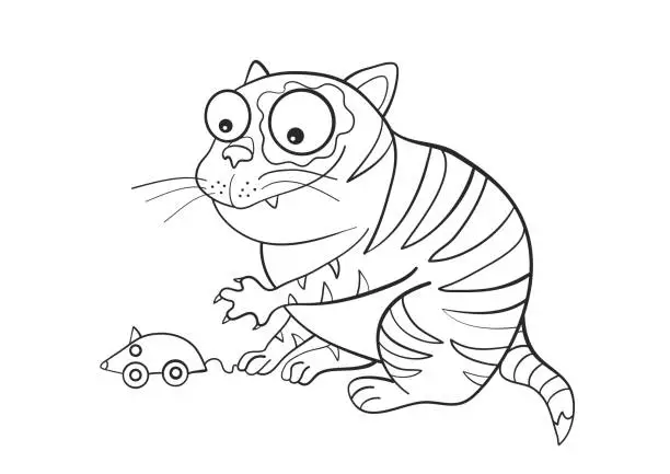 Vector illustration of Cat with mouse. Funny character. Coloring book. Print. Vector illustration