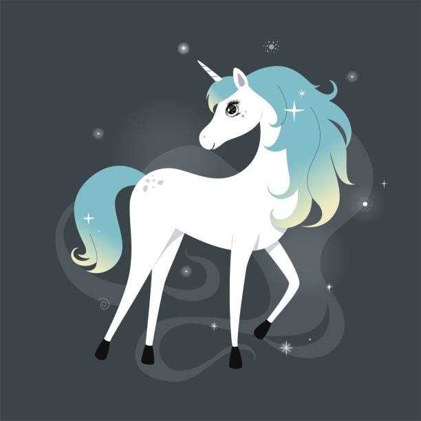 istock Cute unicorn with glittering and rainbow hair over dark background with stars. Vector. 1322062607