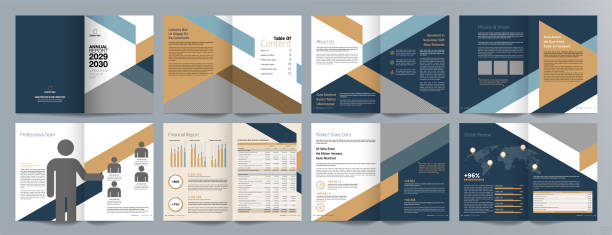 Annual report 16 page A4 201 Corporate business presentation guide brochure template, Annual report, 16 page minimalist flat geometric business brochure design template, A4 size. newsletter template stock illustrations