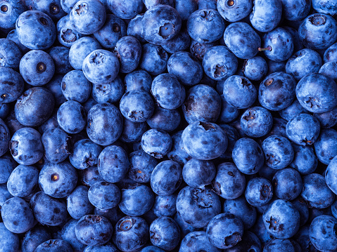 Ripe blueberries close-up, top view - berry blue background, pattern