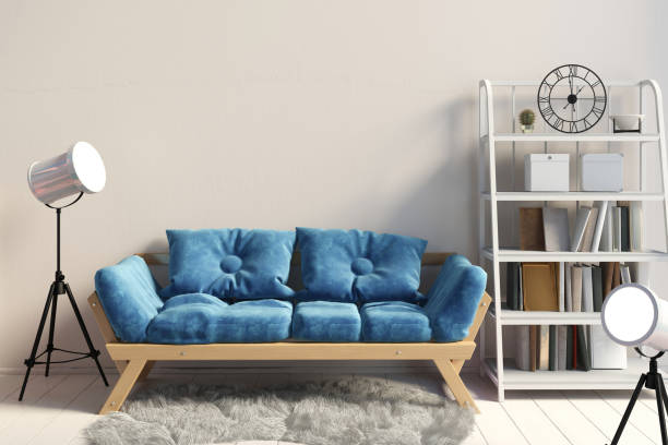 istock Modern interior with rack and sofa. Wall mock up. 3d illustration. 1322066788