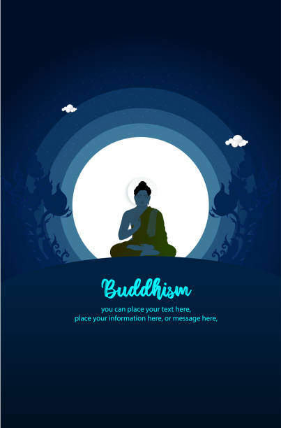Buddhism big buddha sit at blue night banner with the silhouette of buddha statue vector background - Buddhism holidays culture Thailand, banner template vertical poster design Asia, Religion, Thailand, Architecture, Buddhism, Visakhapha Day, Monk - Religious Occupation, Shadow vesak day stock illustrations