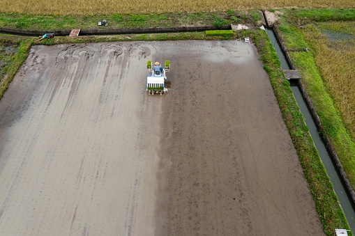 Drone point of view of a senior man planting his rice crop with a rice panting machine in rural Japan