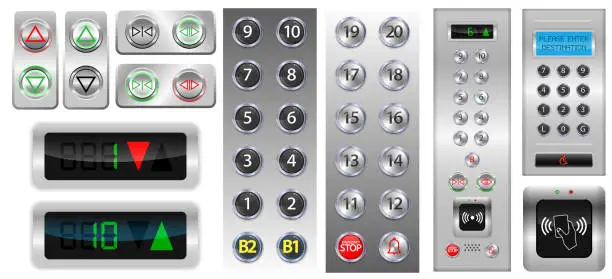 Vector illustration of realistic elevators buttons with chrome metal door