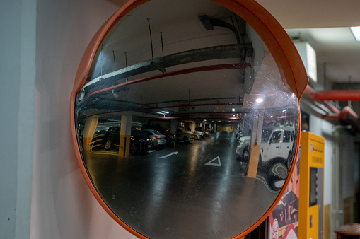 Curve mirror at a basement parking.