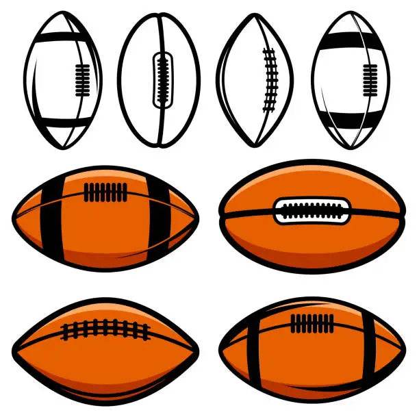 Vector illustration of Set of Illustrations of rugby balls in vintage monochrome style. Design element for label, sign, emblem, poster. Vector illustration