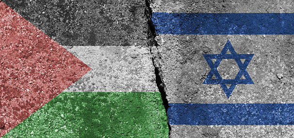 Concept of Palestine and Israel conflict: Palestinian and Israeli national flags symbol background. Horizontal illustration in 3D with copy space.