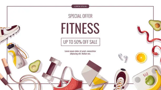 Vector illustration of Promo banner fot fitness training, sportswear, workout, gym, healthy lifestyle, sport equipment.