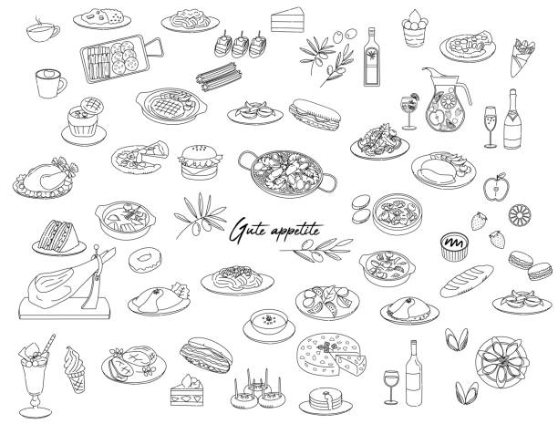 różne zestaw ilustracji ikon żywności - rysować ilustracje stock illustrations
