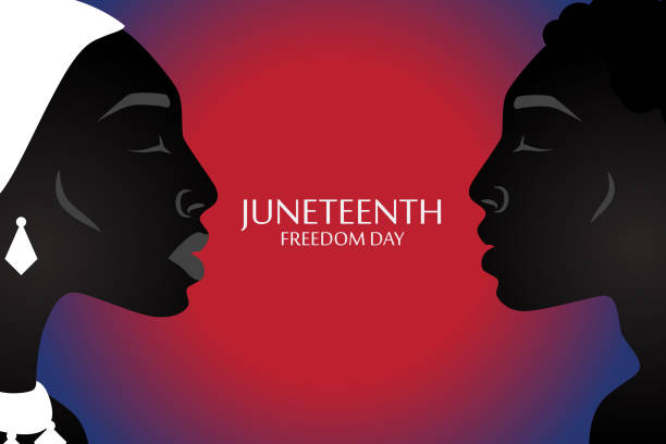 Silhouette of African American woman and man with headdress with juneteenth flag pattern. Silhouette of African American woman and man with headdress with juneteenth flag pattern. Freedom, patriotism and equality concept. EPS10 vector. african slaves stock illustrations