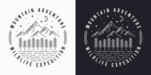 ilustrações de stock, clip art, desenhos animados e ícones de line style t-shirt design with mountains, trees, night sky and slogan. typography graphics for tee shirt design. vintage apparel print. vector - striped shirt