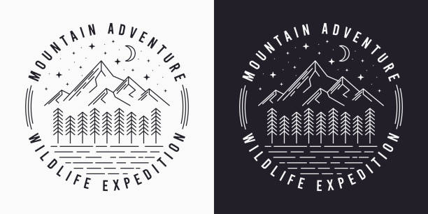 Line style t-shirt design with mountains, trees, night sky and slogan. Typography graphics for tee shirt design. Vintage apparel print. Vector illustration.